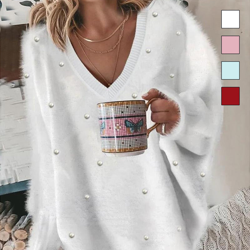 🔥Hot Sale Offers-V-Neck Long Sleeve Beaded Decor Oversized Sweater Fluffy Pullover Top